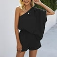 thumbnail image 3 of Women's One Shoulder Romper Casual Summer Mid Sleeve Jumpsuit Short Loose Draped Wide Leg Romper Flowy Outfit, Black, S, 3 of 7