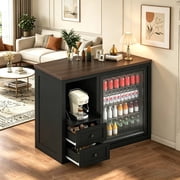 JassmiPkwy Mini Fridge Stand with Built-in Storage, Coffee Bar Cabinet with 2 Drawers & Power Outlet, for Coffee Maker, Microwave, Black
