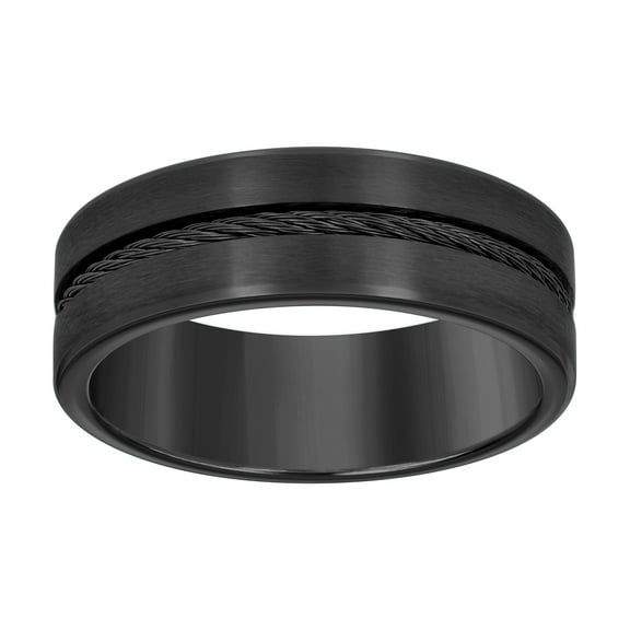Stainless Steel Men's Comfort Fit Black Center Cable Inlay w/ Beveled Edge 8mm Wedding Band | Size 9