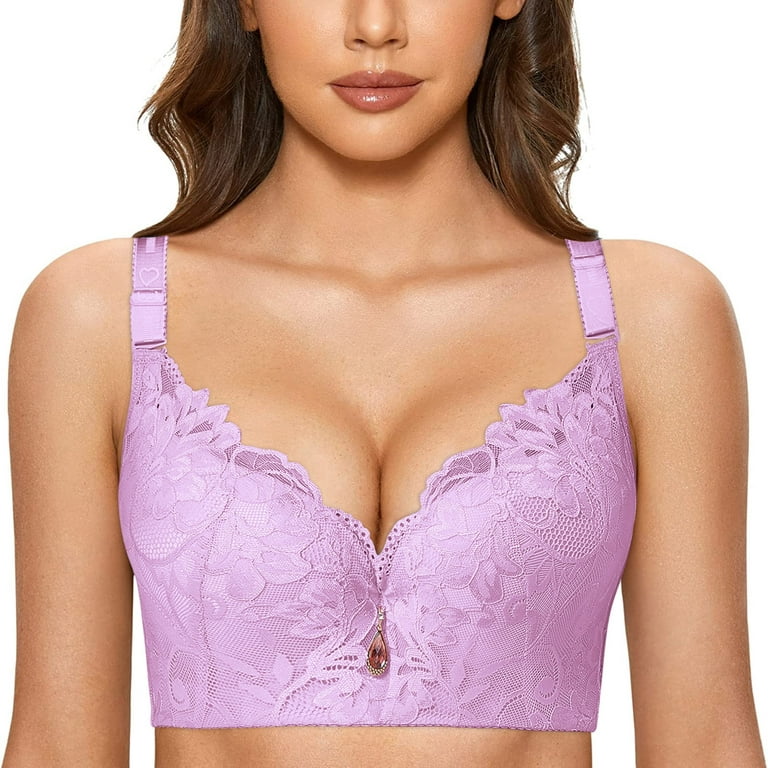 CLZOUD Lively Bras for Women Purple Underwire Bra Lace Floral Bra Unlined  Plus Size Full Coverage Bra 40/90C 