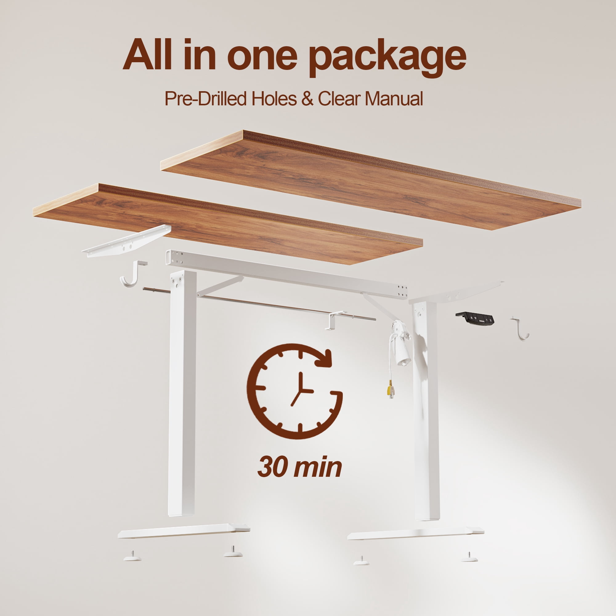 62.9 Inch Electric Height Adjustable Standing Desk, Ergonomic Home Office Desk with Memory Preset, Sit to Stand Computer Desk with Hooks, Light Rustic Brown