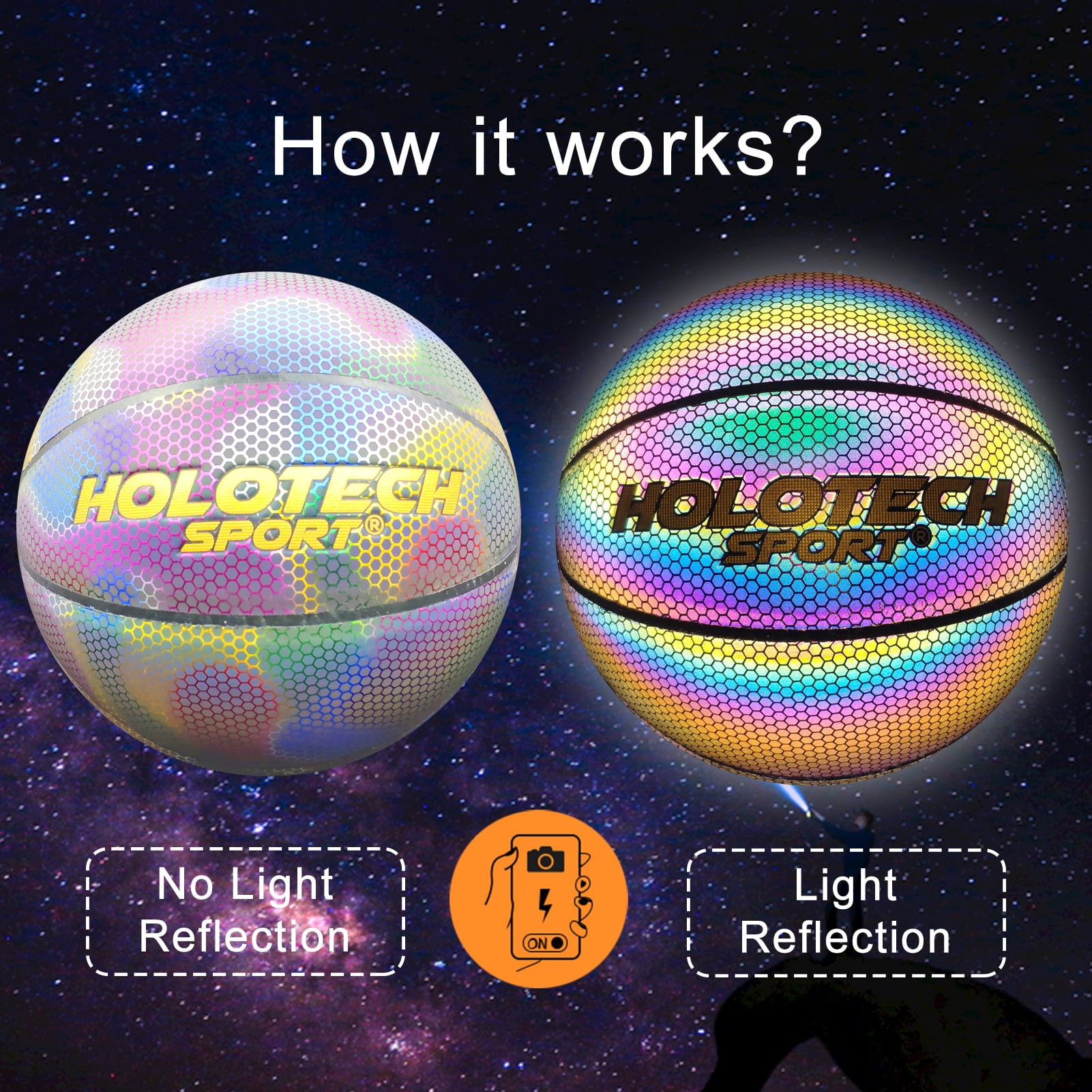 MILA CHIC Basketball, Holographic Glowing Basketball Indoor Outdoor Size 6 (28.5"), Reflective Glowing Composite Leather Basketball Gift for Girls, Boys, Adults Night Game