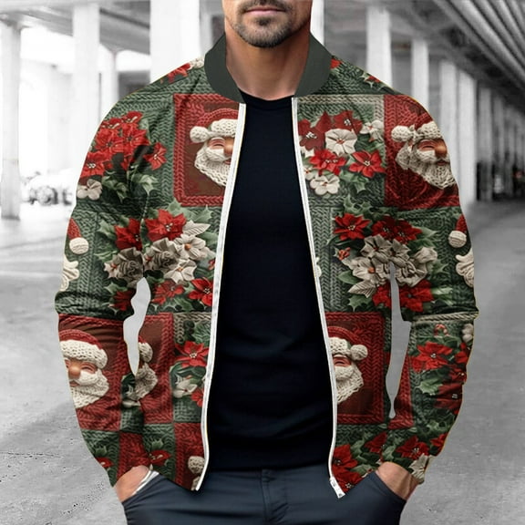WXLWZYWL Mens Chrismas Jackets Chrismas Printed Casual Lightweight Jacket Full Zipper Softshell Flight Bomber Jacket Varsity Windbreaker