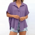 thumbnail image 5 of Tqcoqu Women's Button Down Shirts Short Sleeve Slit Hem Shirt Solid Color Tops, Side Slit Dressy Casual Blouses Loose Fit Tunic Tops,Purple Women's S-XXL, 5 of 7