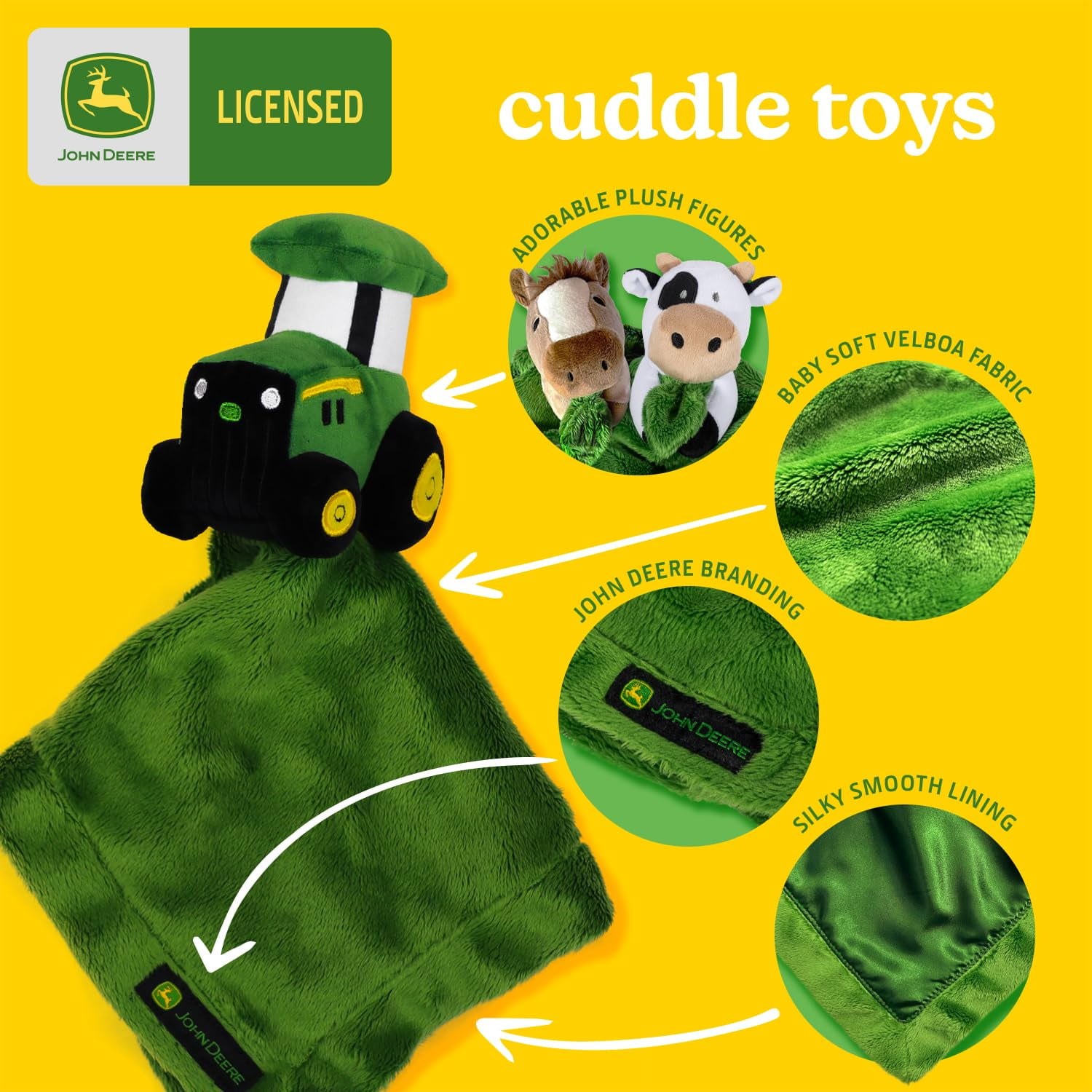John Deere Baby Cuddle Snuggle Security Blanket Boy Girl Farm Animal Cow Pig Chick GREEN