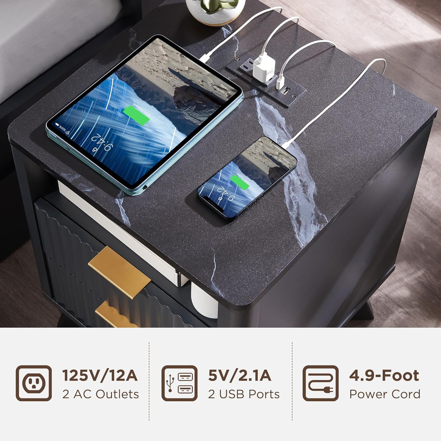 OKD Fluted Nightstand Set of 2 with Charging Station, Modern Side Table with Faux Marble Top, 2 Drawers End Table w/Storage, Bedside Table for Bedroom, Living Room, Dark Grey