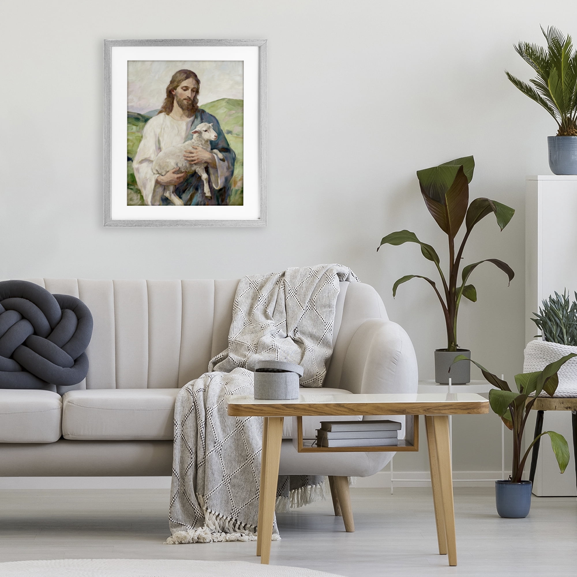 Stupell Industries Little Lamb & Spiritual Figure Gray Framed Print Under Glass, design by Kim Allen