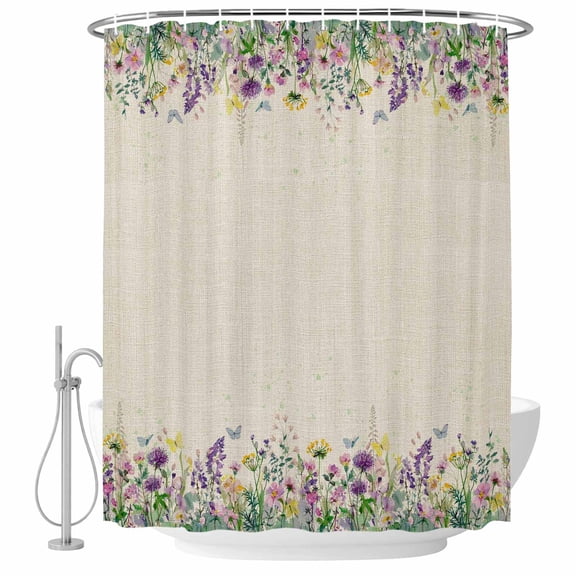 Small Stall Shower Curtain 36x72 Inch Narrow Half Size Spring Purple Floral Bath Curtains Bathroom Decor, Rustic Flowers Botanical Vintage Waterproof Fabric Shower Curtain Set with Hooks 36 Inch