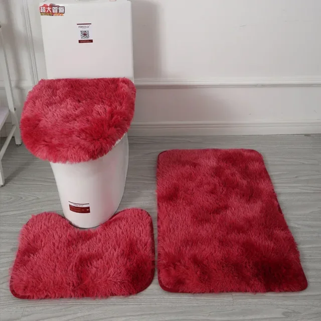 Thickened 3 Piece Bathroom Rug Set U Shape Carpet Pad and Toilet Seat Absorbent Soft Microfiber Furry Bath Mat claret-red