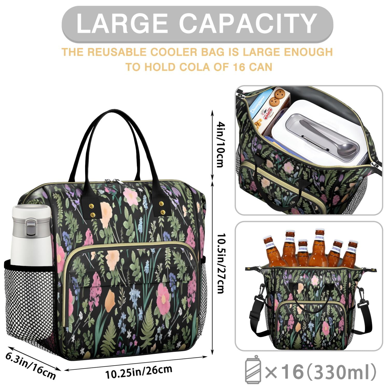 Pioneer Flower Floral Print Pattern Womens Lunch Box for Work,Insulated Large Lunch Bag for Tween and Teen,Loncheras Para Mujer,Leakproof Adult Lunch Bag for Work,Beach,Travel,Picnic,Camping