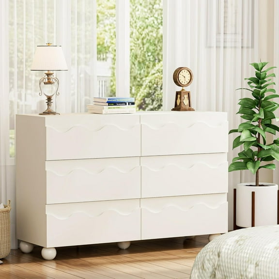Anbuy Begie Scalloped Dresser for Bedroom with 6 Drawers, 47" Wide Modern Chest of Drawers with Hidden Handle, Wooden Dresser, Fluted Wood Closet Clothes Storage Organizer for Living Room, Hallway