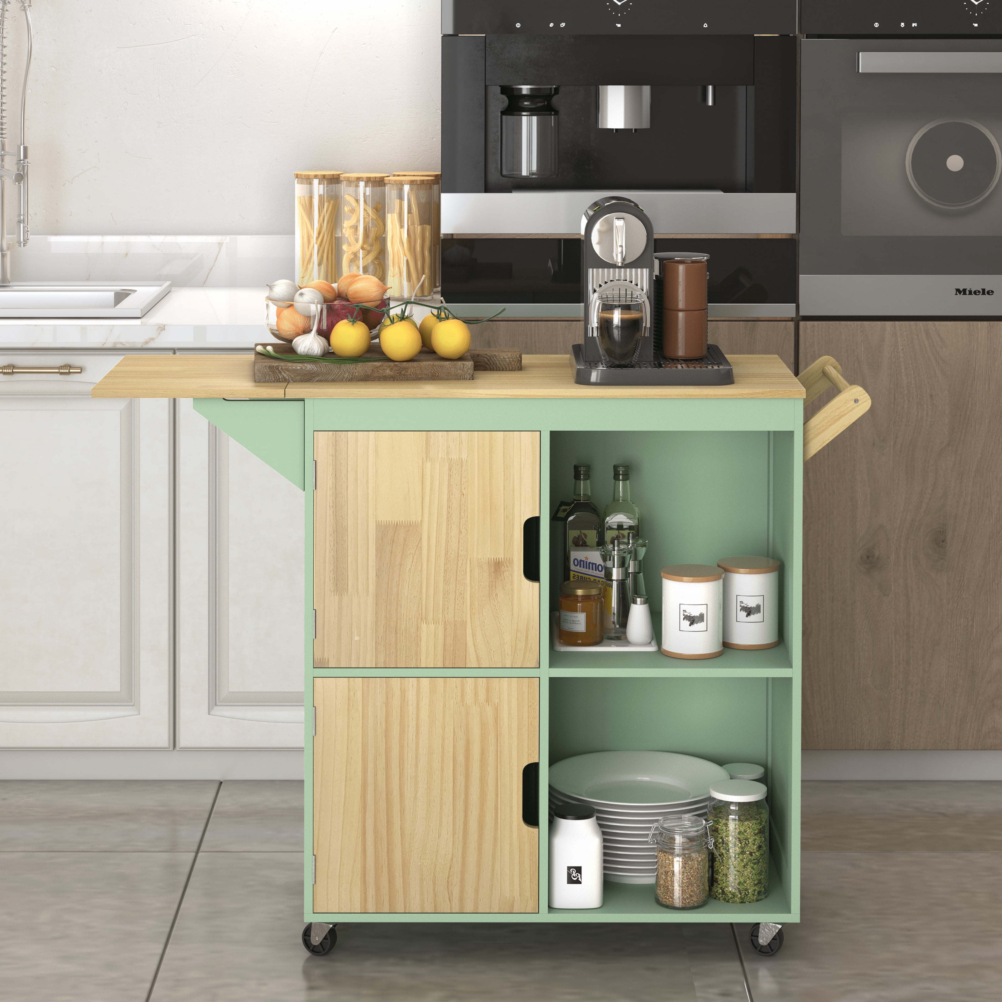 S.Fyronti Drop Leaf Mobile Kitchen Island with Open Shelf and Storage