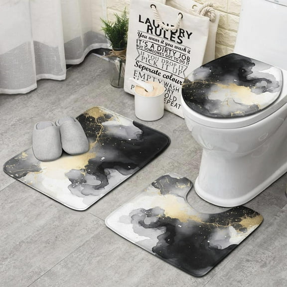 Gray Black Gold Marble Pattern Bathroom Rugs Sets 3 Piece,Toilet Cover Set,Absorbent Non Slip Bathroom Mats Sets with U-Shaped Contour Rug Toilet Rug Set