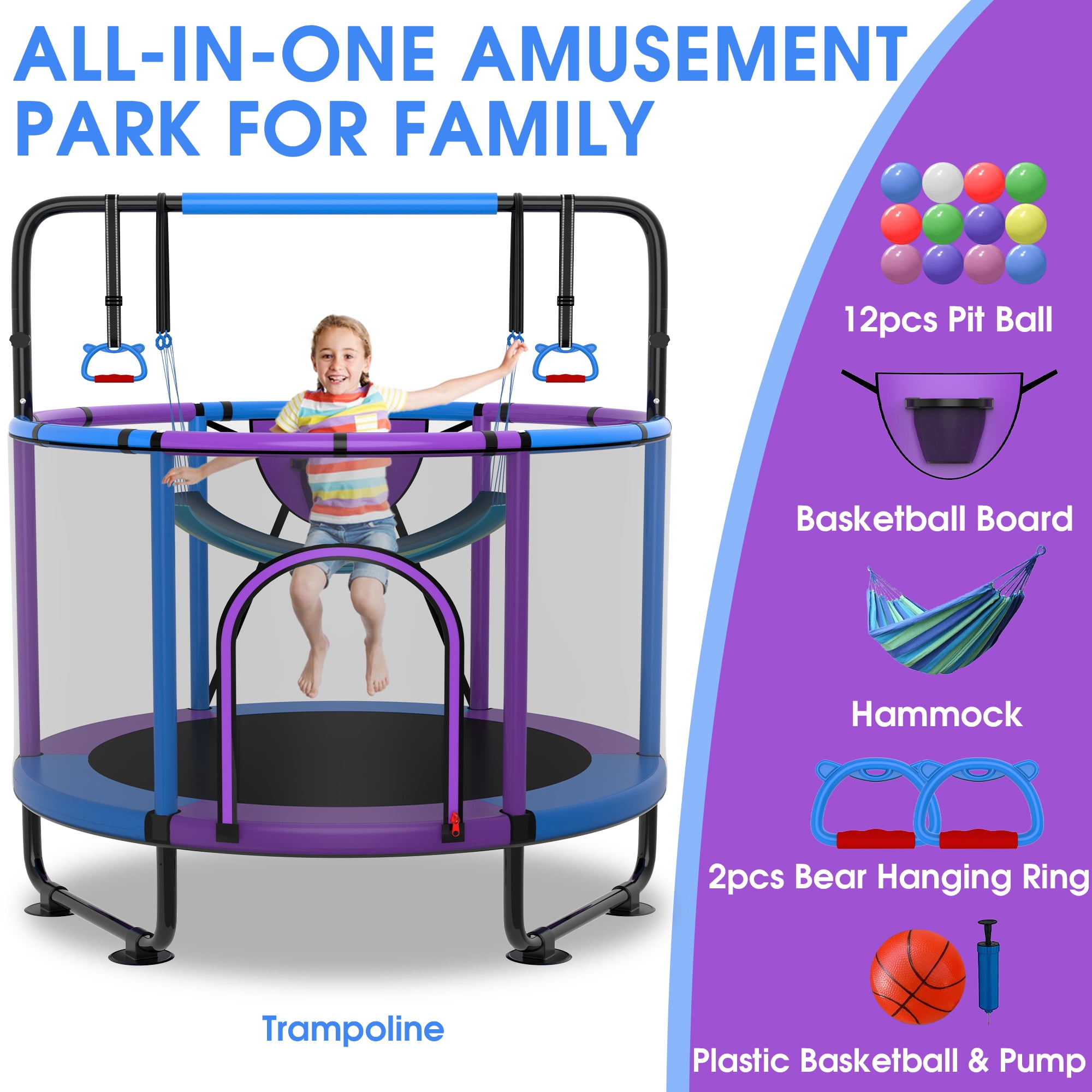 XMIKA Trampoline for Kids, 54'' Toddler Trampoline with Enclosure, Swing, Basketball Hoop, 4.5FT Indoor/Outdoor Trampoline with Adjustable Gymnastics Bars, Rings, Mini Trampoline for Boy and Girls