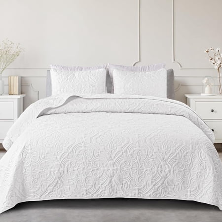 Oversized King Quilt Bedding Set, Lightweight Vintage California Cal King Size Quilts with Pillow Shams, Soft Bedspreads Coverlets for All Seasons, (112"x104", White)