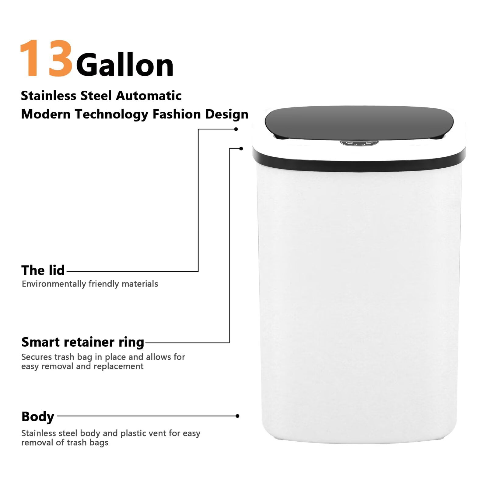 YRLLENSDAN,Kitchen Trash Cans 13 Gallon,Kitchen Garbage Can with Lid,Automatic Trash Cans Touchless,Simple Human Trash Can,White,3 Pack