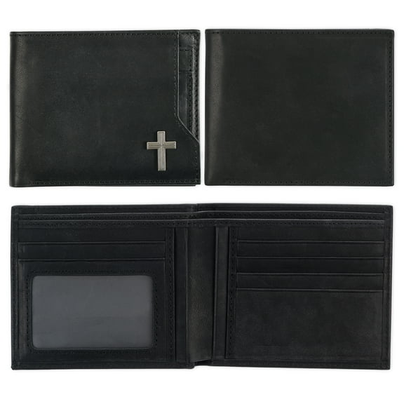 Christian Art Gifts Genuine Premium Full Grain Leather RFID Blocking Silver Engraved Cross Wallet for Men: Multi Pocket Billfold w/Removable ID Window Accessory for Credit Cards, Bills, Photos, Black