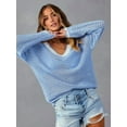 thumbnail image 2 of Womens Varsity V Neck Long Sleeve Tennis Sweater Casual Crochet Hollow Out Knit Tops Pullover Shirts Light Blue M, 2 of 5