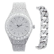 Mens 44mm Flooded Diamond Watch and Bracelet Combo with CZ Crystals - Hip Hop Inspired Iced Out Metal Band Watch   CZ Cuban Bracelet - Fully Bling-ed Out