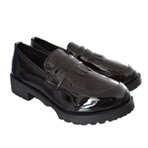 hopeusnice Women's Patent Leather Loafers Tassel Slip On Shoes Flat Comfortable Chunky Heel Platform Flats Shoes Dress Black 40