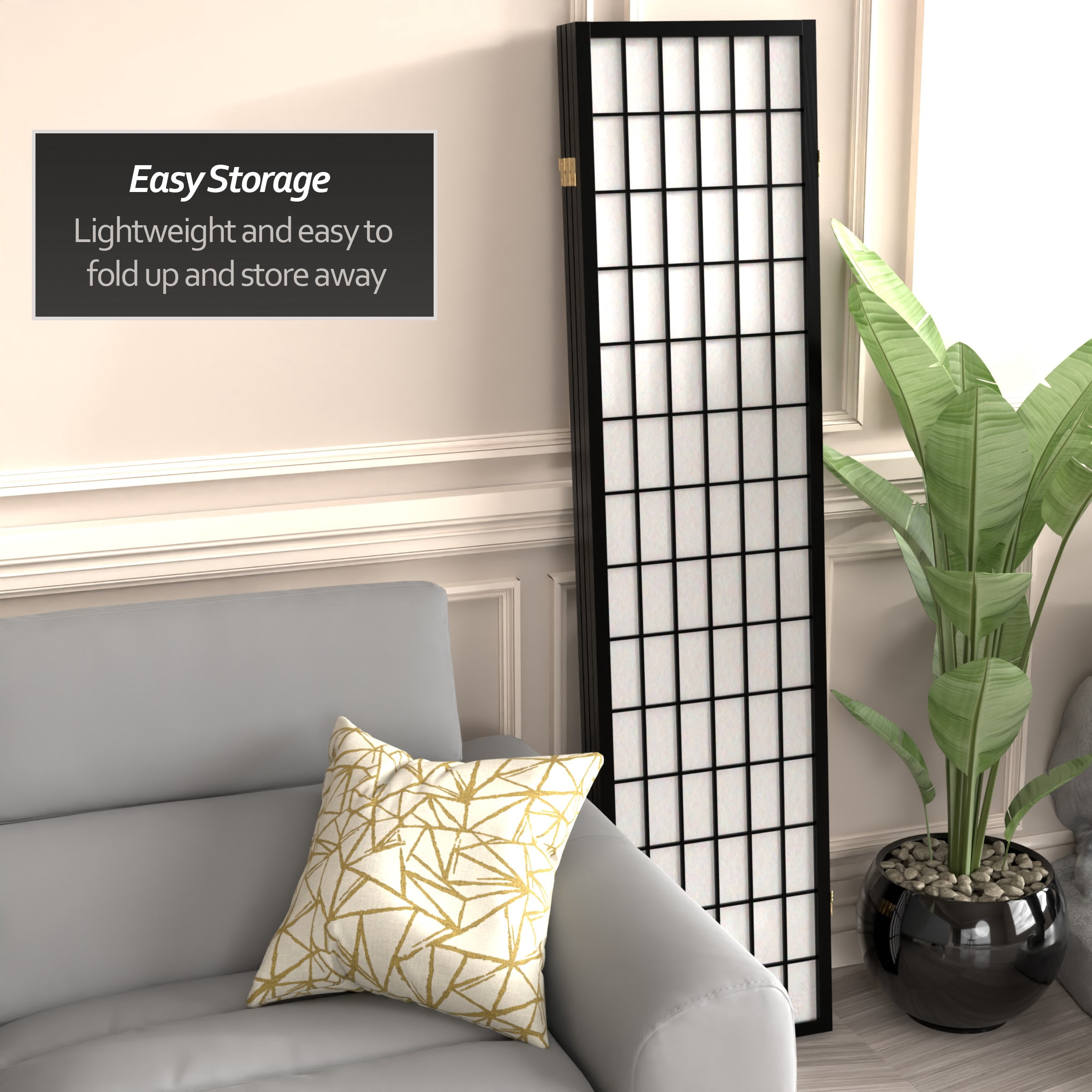 6 ft. Tall Window Pane Shoji Screen - Black - 4 Panels
