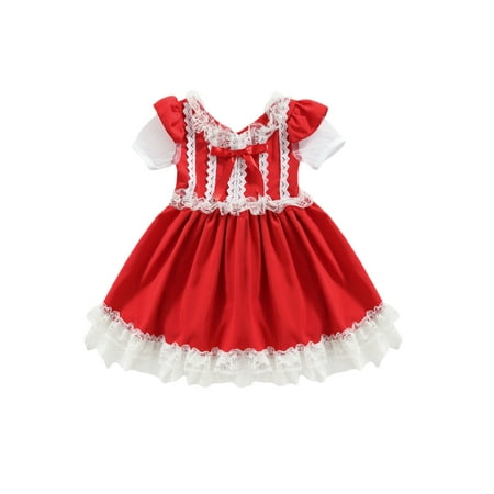 

JYYYBF 1-6Years Infant Kids Girls Princess Dress Sweet Lace Splicing Bow Mesh Short Sleeve A-Line Dress Outfits Red 5-6 Years