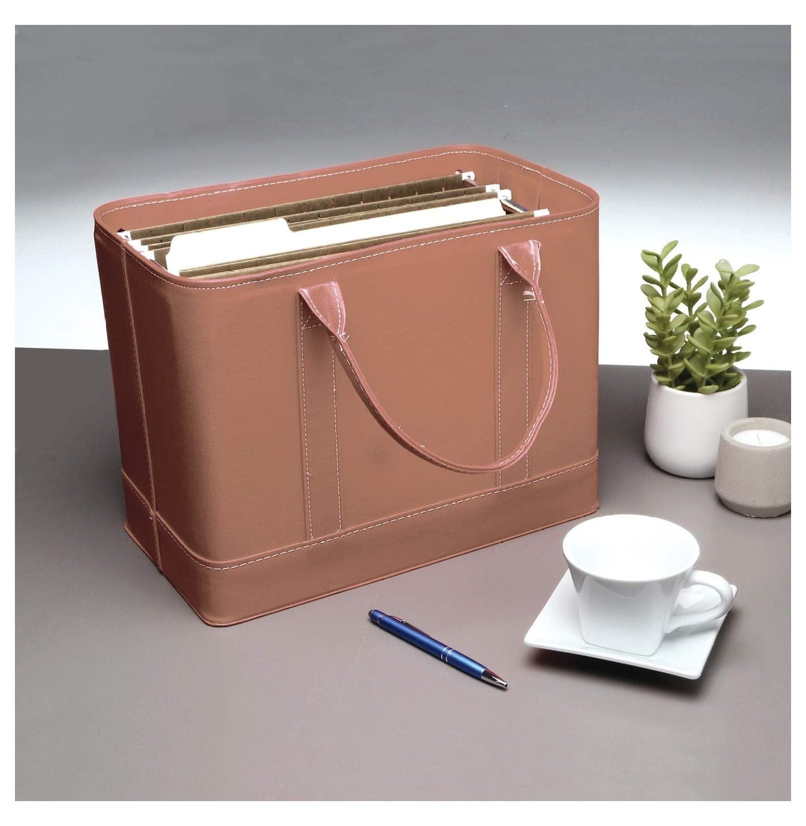 Chic File Organizer Tote - Important Document Organizer Bag, Portable File Box with Handle, Brown