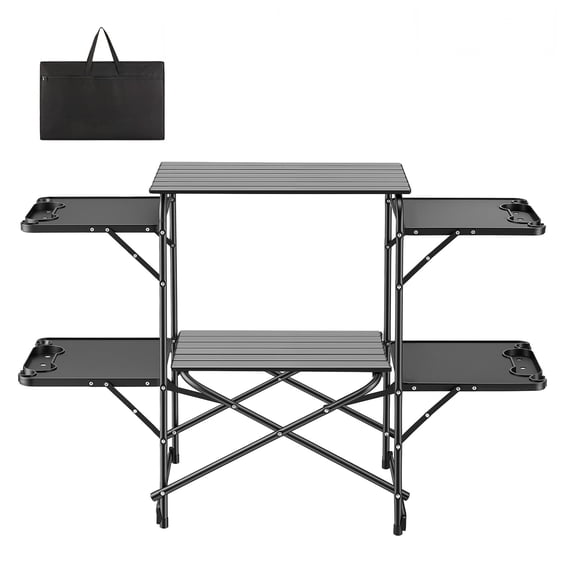 KFFKFF Portable Camping Kitchen Table, Foldable Cook Station with 4 Side Tables, Heat-Resistant Surface, and Carry Bag, Perfect for Outdoor Cooking, Picnics, BBQs, Camping, and RV Trips