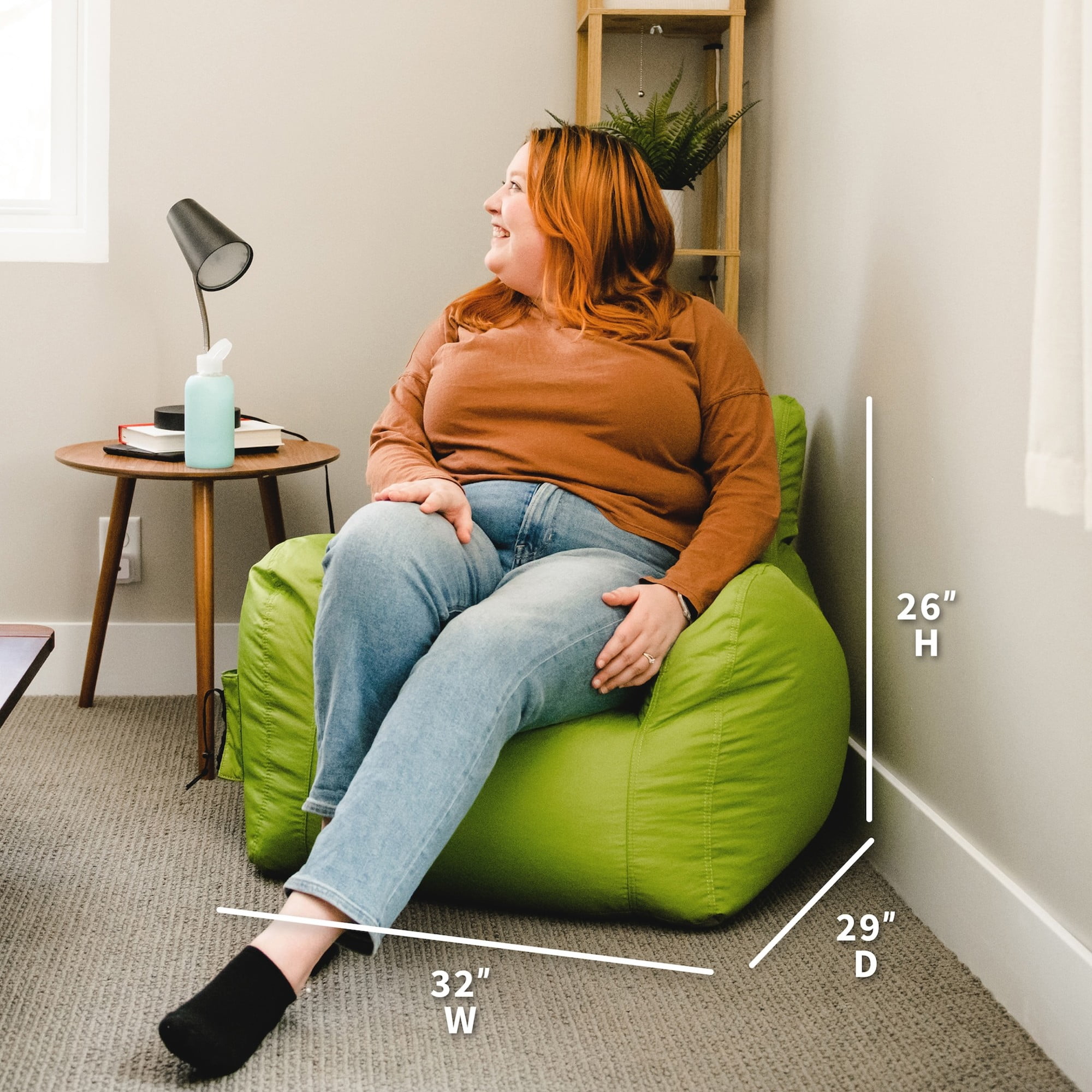 Big Joe Dorm Bean Bag Chair with Drink Holder and Pocket for Teens and Kids, Spicy Lime, Durable Easy-Clean Polyester Nylon Blend, 3 foot Gaming and Reading Nook Seat, Refillable
