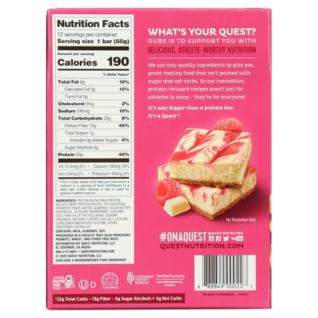 (2 pack) (2 Pack) Quest Protein Bar, White Chocolate Raspberry, 20g Protein, 12 Ct