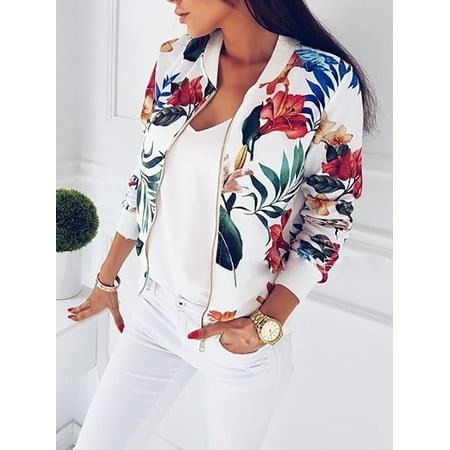 - Fashion Womens Ladies Retro Floral Zipper Up Bomber Jacket Casual Coat Outwear