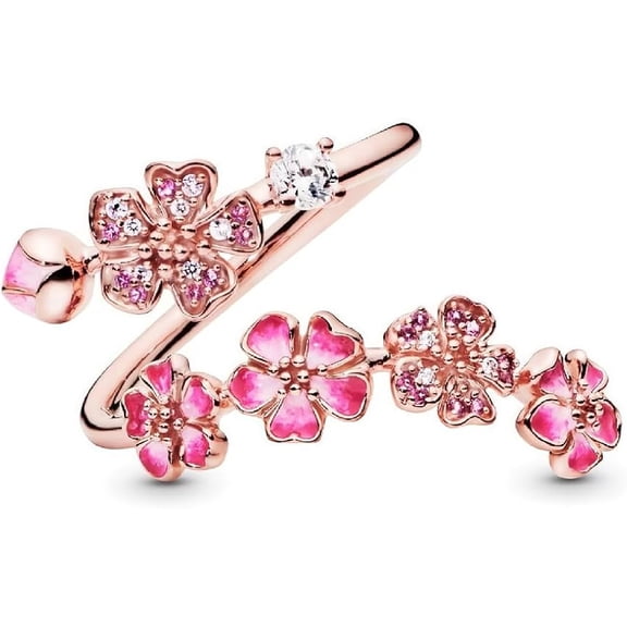 Peach Blossom Ring, Rose Gold Plated Cubic Zirconia Adjustable Open Band Floral Jewelry Gifts for Women(wxx)