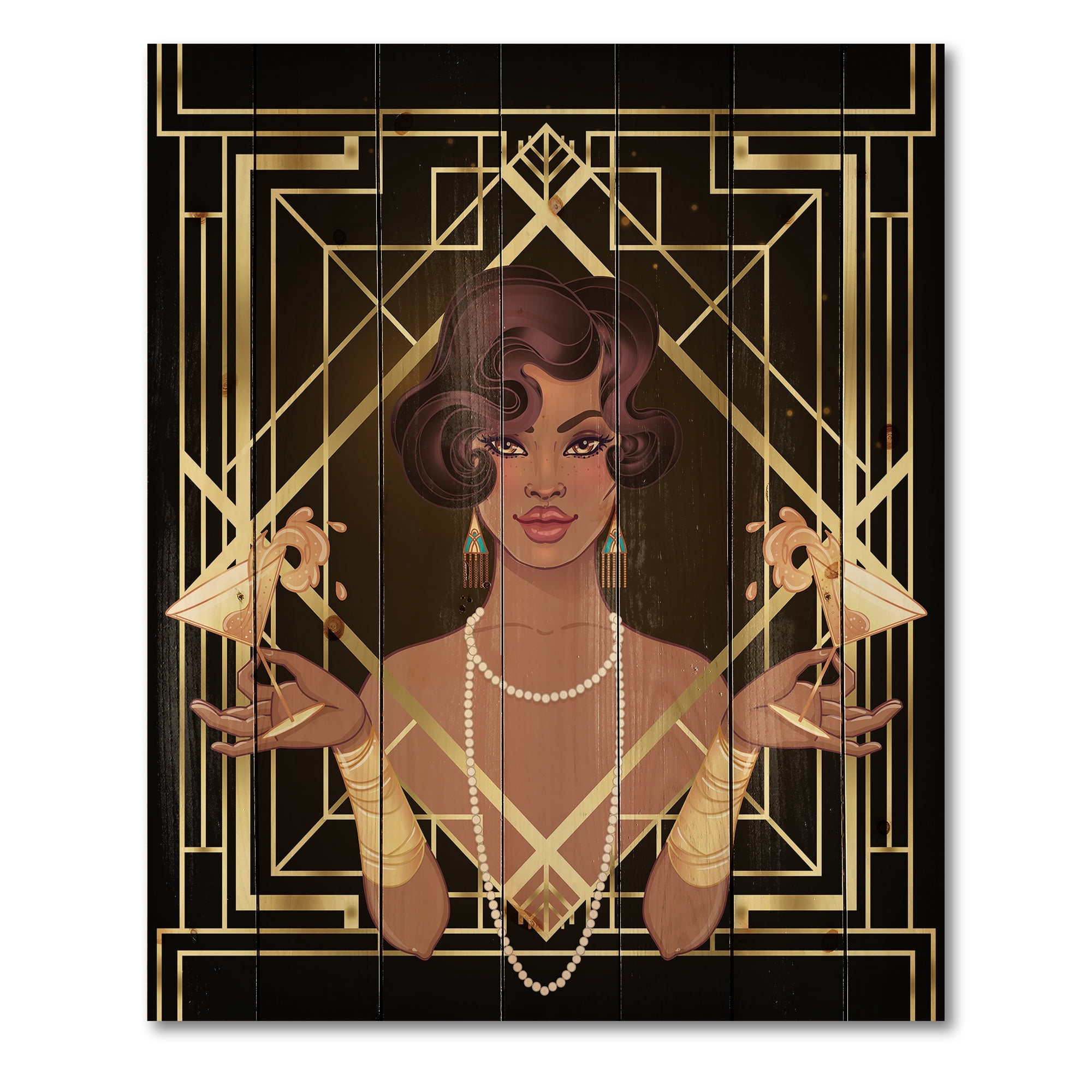 Designart 'Retro Girl In Golden Art Deco Geometrics I' Modern Print on Natural Pine Wood
