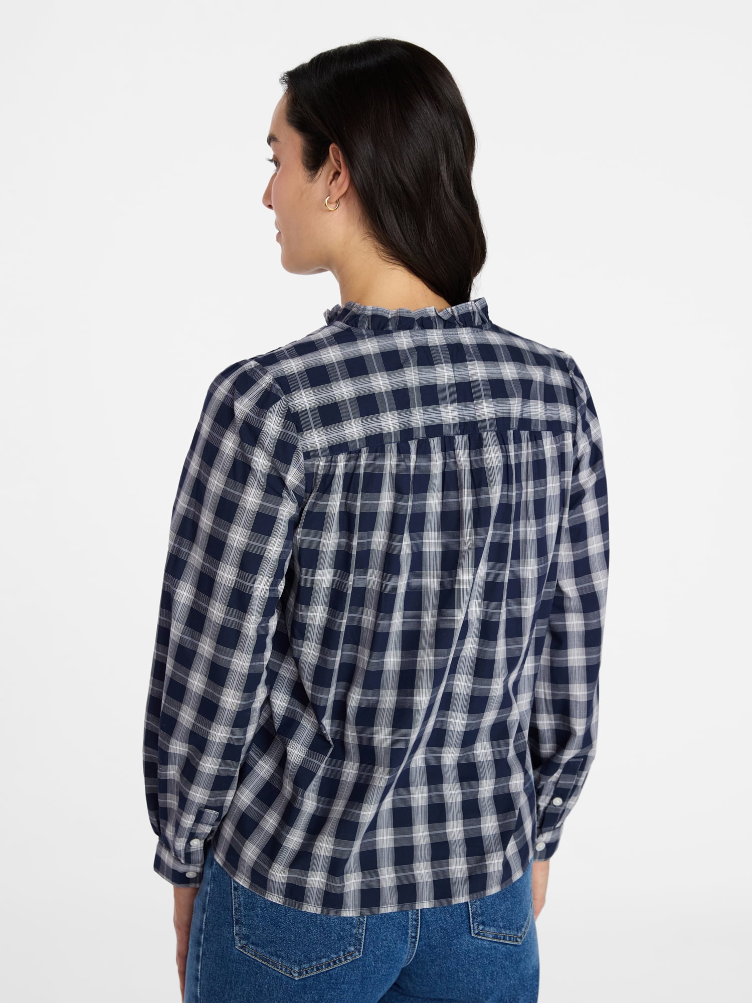 Time and Tru Women's Ruffle Neck Button Front Cotton Shirt with Long Sleeves, Sizes XS-XXXL
