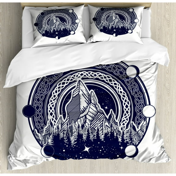 Northwoods Duvet Cover Set Queen Size, Mountains Celtic Style Great Outdoors Symbol of Adventure and Camping, Decorative 3 Piece Bedding Set with 2 Pillow Shams, Dark Blue and White, by Ambesonne