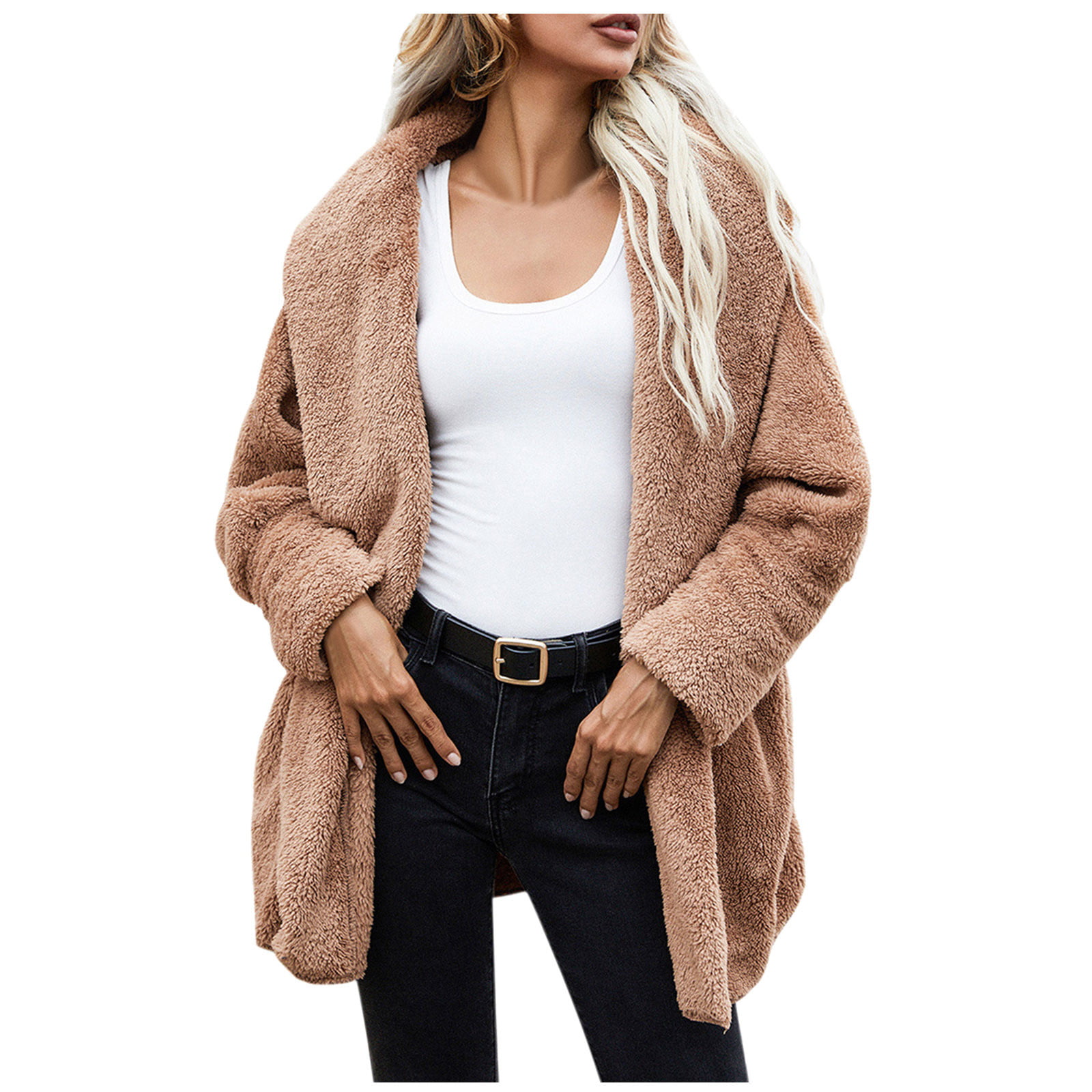 Women Open Front Fleece Coat with Pockets Fuzzy Long Sleeve Lapel Warm Jacket 