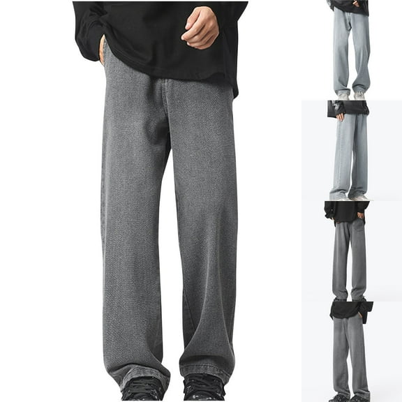 Isvgxsz New Denim Pants for Men Men's Vintage Solid Color Elastic Waist Straight Pocket Denim Wide Leg Pants Men Full Length Pants Jeans Black L