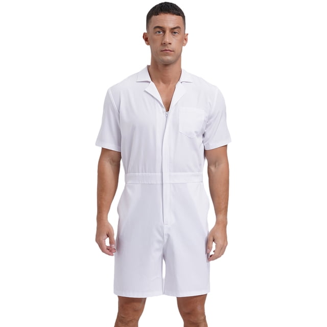 vastwit Mens Rompers Loose Fit Overalls Solid Color Shorts Jumpsuit Front Zip Uniforms Bodysuit White 3XL