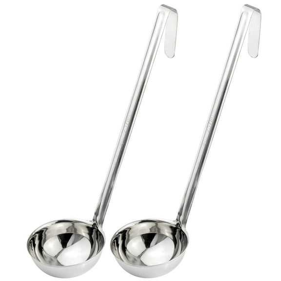 2 Pack 8 Oz Stainless Steel Soup Ladle - One-Piece Sauce Spatula with Hook Handles, Commercial Grade Serving Spoon, Kitchen Tool for Restaurant or Home Cooking, Mirror Finish, 14.25" Long