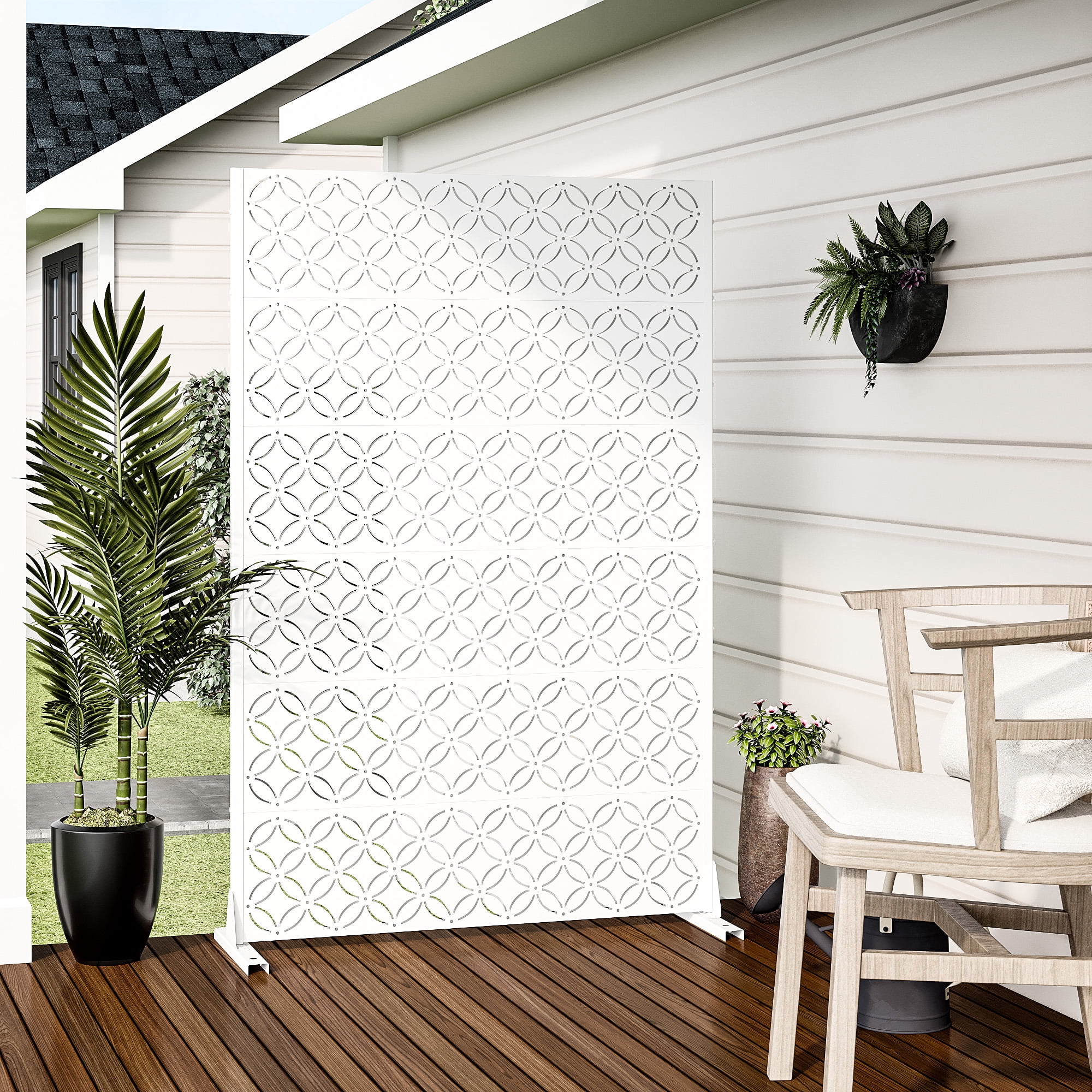 MAYEERTY 72*47" Outdoor White Metal Privacy Panel Screen for Patio, Coin Pattern