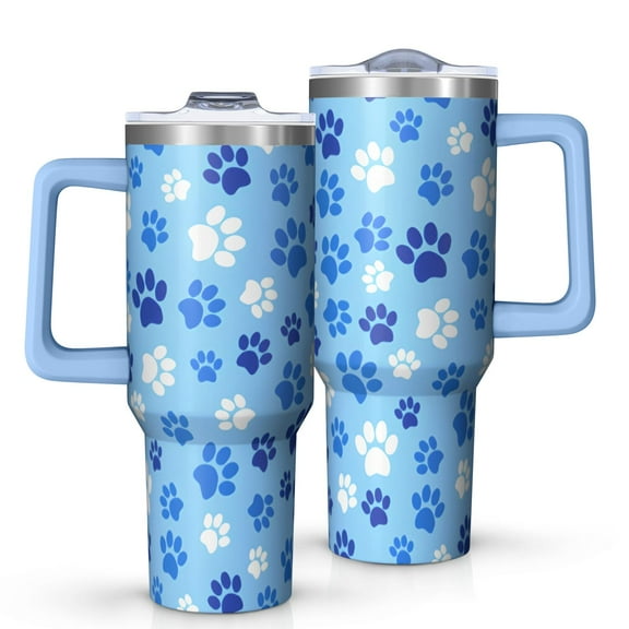 OBREWU Blue Dog Paw Footprint Tumbler with Handle and Lid,Blue Dog Paw Footprint 40oz Double Wall Vacuum Insulated Tumbler,Cups Gift for Women and Men