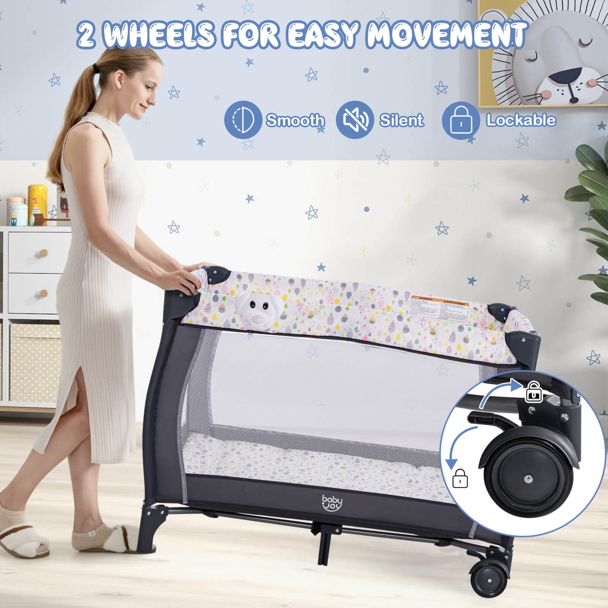 Costway Portable Baby Playard Nursery Center Crib Bassinet with Hanging Toys & Music Box Colorful