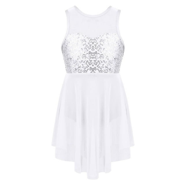 YONGHS Costumes de Danse Lyrique Enfants Filles Paillettes Dos Croisé Justaucorps de Ballet Robe Blanc 16
