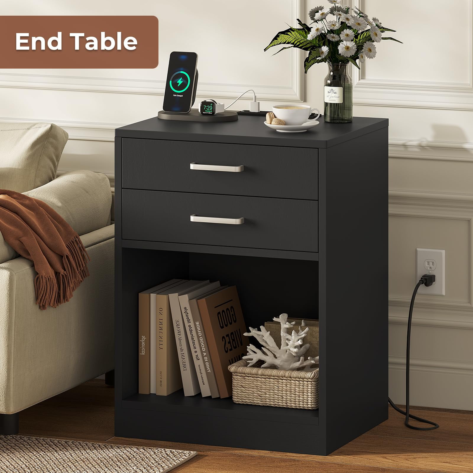 Afuhokles Nightstand Set of 2,Black Bedside Table with Charging Station 2 Drawers