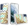 thumbnail image 1 of Kaleidio Case For Samsung Galaxy S21 FE 5G [Quicksand Image] Hybrid Impact [Liquid Glitter] Protector Skin Cover [Teal Gold ZigZag], 1 of 4