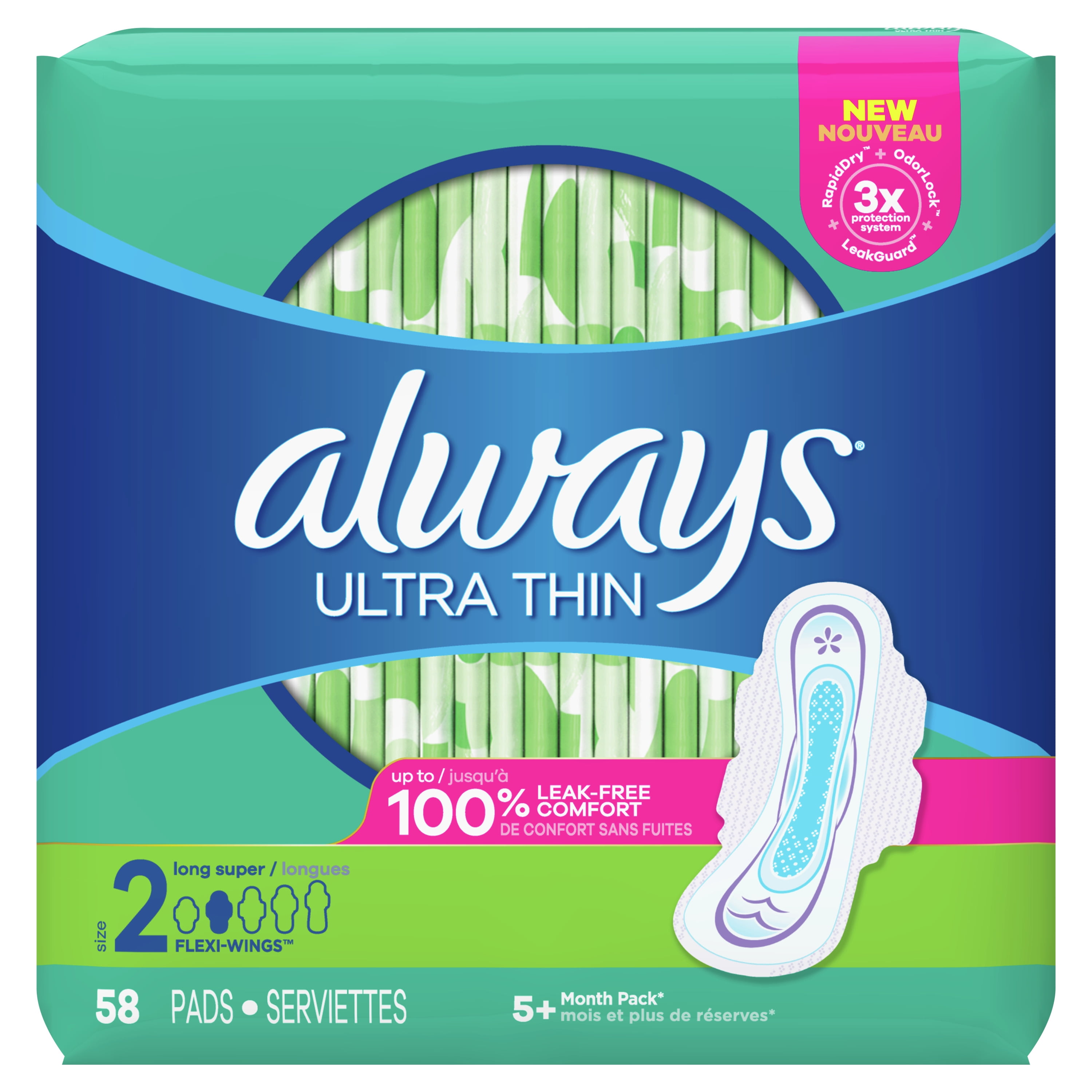 Always Ultra Thin Super Pads with Wings, Unscented, Size 2, 174 Count