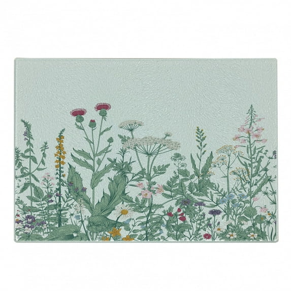 Floral Cutting Board, Vanished Colored Messy Wild Herb Medley of Cow Parsley Musk Mallow and Purple Orchid, Decorative Tempered Glass Cutting and Serving Board, Small Size, Multicolor, by Ambesonne