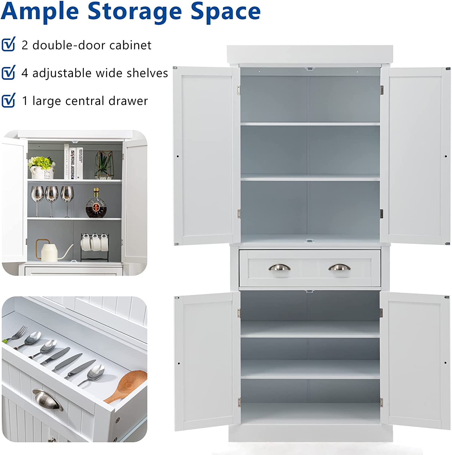 PWFE Kitchen Pantry Storage Cabinet, 72" Traditional Kitchen Pantry Cabinet, 6-Tier Freestanding Buffet Cupboards for Kitchen Storage(White)