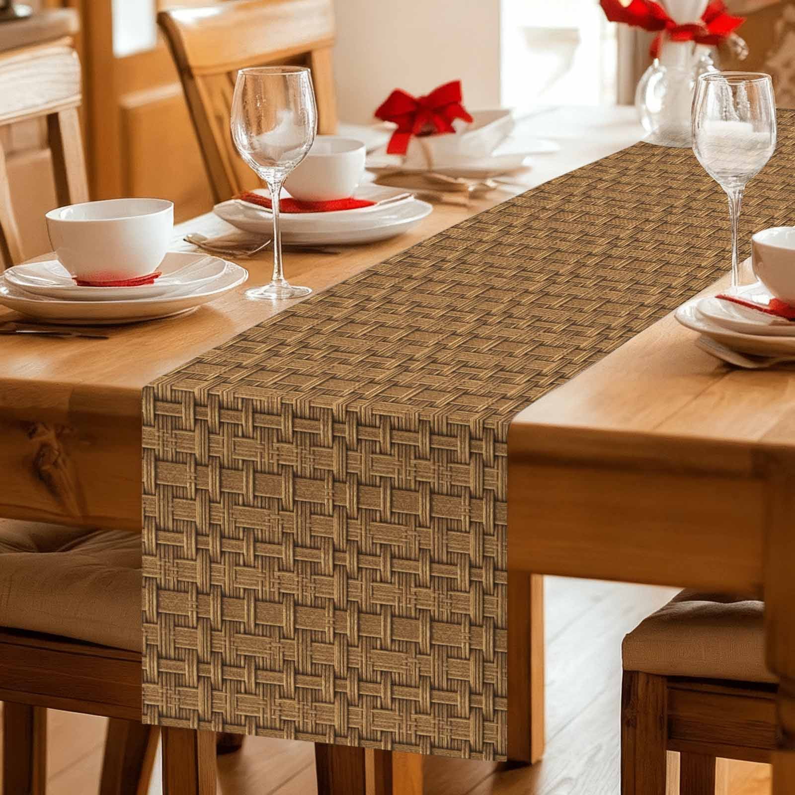 Vintage Rattan Table Runner - 60 Inch Long Minimalist Abstract Wicker Texture Brown Cotton and Linen Blended Dress Scarves Farmhouse Table Runner for Kitchen Dining, Coffee Table, 13" x 60"