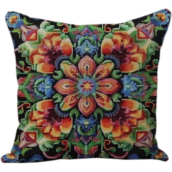 Latch Hook Kits For Adults Beginners, Exotic Colorful Mandala Flower 17X17 In Pre-Printed Latch Hook Pillow Kit, Craft Rug Making Kits, Diy Embroidery Cushion For Home Sofa Decor & Gift Idea